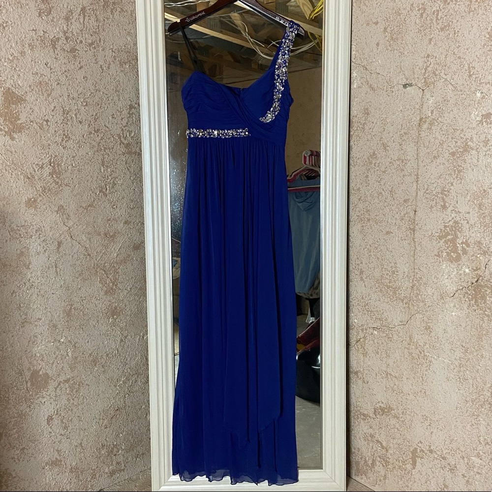Royal blue one shoulder prom dress with jewels. Worn once. Size Juniors 11.